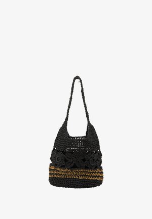 Mustikka virkattu laukku neliön muotoisella aukolla ja pitkällä kahvalla. Sisältää teksturoituja pyöreitä yksityiskohtia ja kultaraitaisen alaosan.