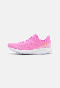 Lightweight running shoe with a pink mesh upper, perforated design, bright pink laces, and a white and light blue cushioned sole.