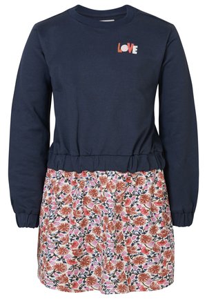 Robe bleu marine à manches longues avec taille élastique, jupe à motifs floraux et petit texte "LOVE" en orange et blanc sur la poitrine.