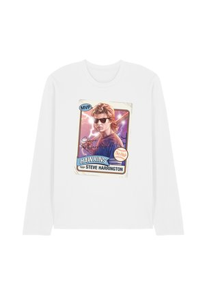 White long-sleeve shirt with a retro-style baseball card of a man wearing sunglasses, labeled Hawkins Steve Harrington MVP and The Hair.