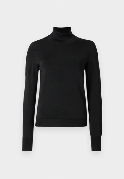 Sort langærmet turtleneck sweater med ribbede manchetter og kant, vist på en simpel hvid baggrund.