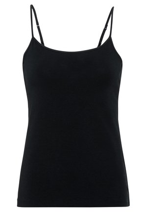 Camisole noire moulante avec fines bretelles ajustables et encolure droite, présentée sur un fond blanc.