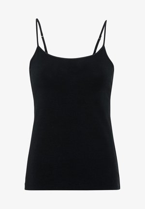 Musta, istuva toppi, jossa säädettävät ohuet olkaimet ja suora pääntie, valkoisella taustalla.