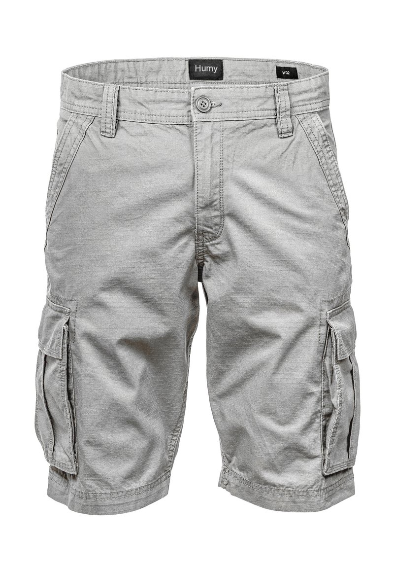 Graue Cargo-Shorts aus leichtem Material, mit mehreren seitlichen Taschen, Gürtelschlaufen und einem Knopfverschluss.