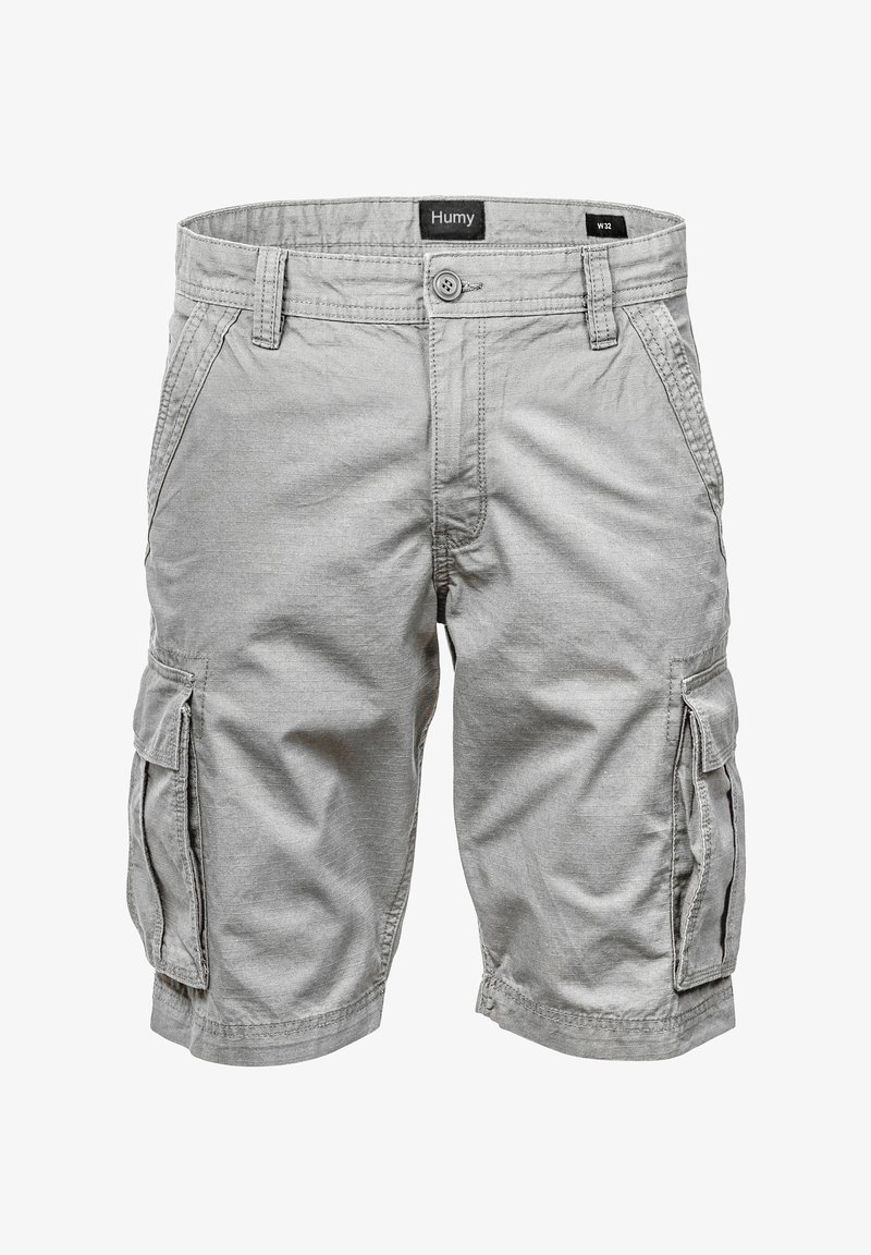 Graue Cargo-Shorts aus leichtem Material, mit mehreren seitlichen Taschen, Gürtelschlaufen und einem Knopfverschluss.
