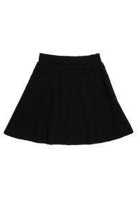 Gonna nera a campana realizzata in tessuto testurizzato, con vita aderente e orlo liscio, caratterizzata da una silhouette ampia.