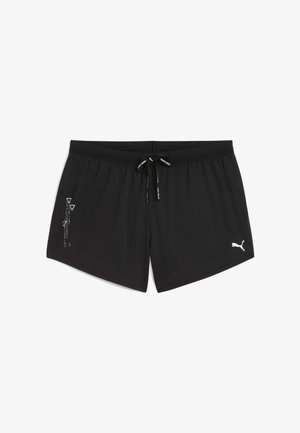 Černé plavky vyrobené z lehkého materiálu. Mají stahovací pas a malé bílé logo na pravé dolní straně.