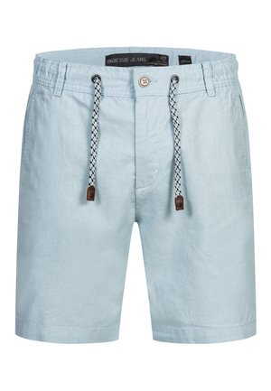 Light blue casual shorts with button closure, black and white drawstring with brown leather ends, and belt loops, size medium.