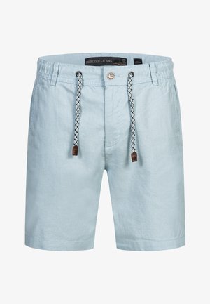 Hellblaue Freizeithose mit Knopfverschluss, schwarzem und weißem Kordelzug mit braunen Lederenden und Gürtelschlaufen, Größe M.