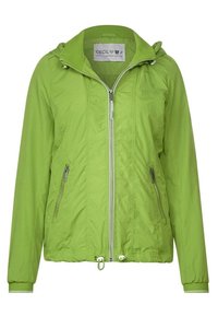 Zielona, lekka kurtka zapinana na zamek z kapturem, dwoma zapinanymi na zamek kieszeniami po bokach, elastycznymi mankietami i ściągaczem na dole. Gładka faktura i luźny krój.