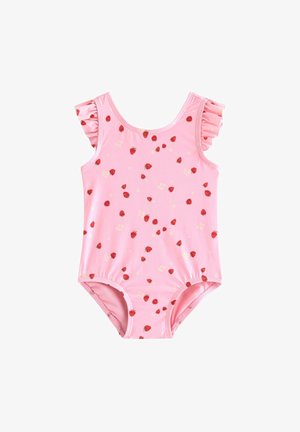 Lyserød badedragt til småbørn med røde jordbær og små hvide blomster, med flæse-rygstroppper og elastiske benåbninger.