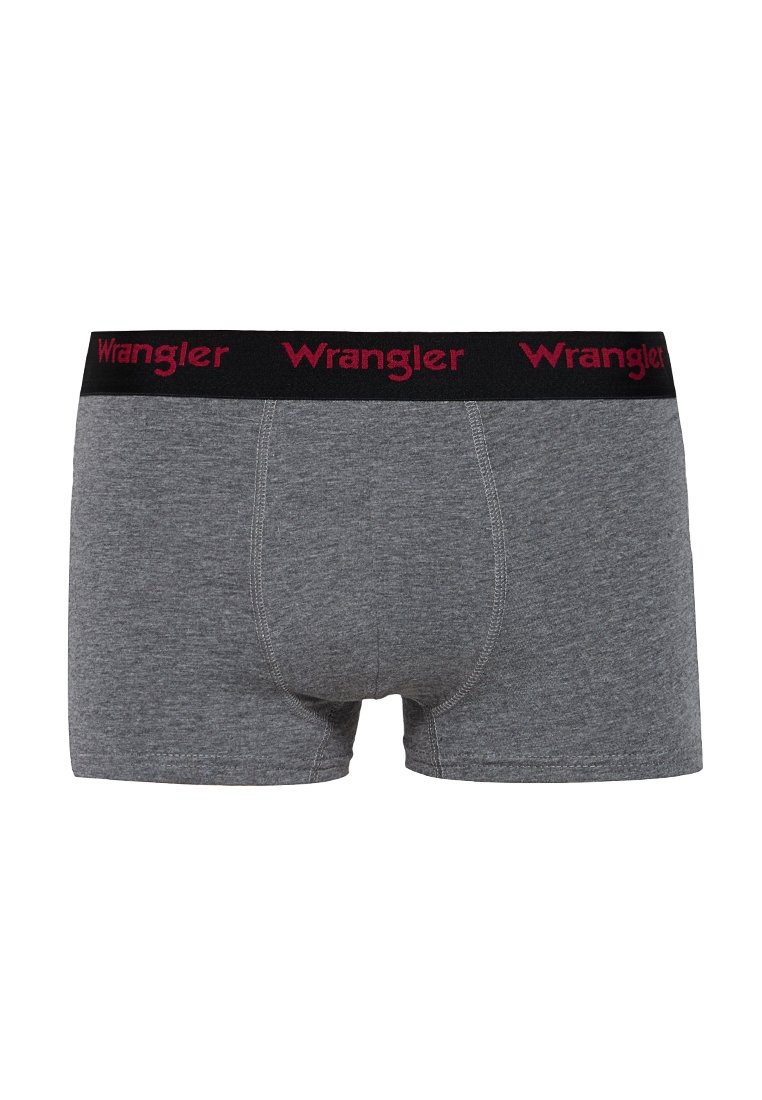 Szare bawełniane bokserki z czarnym elastycznym paskiem w talii z czerwonym napisem "Wrangler". Szwy płaskie i brak widocznych wzorów.