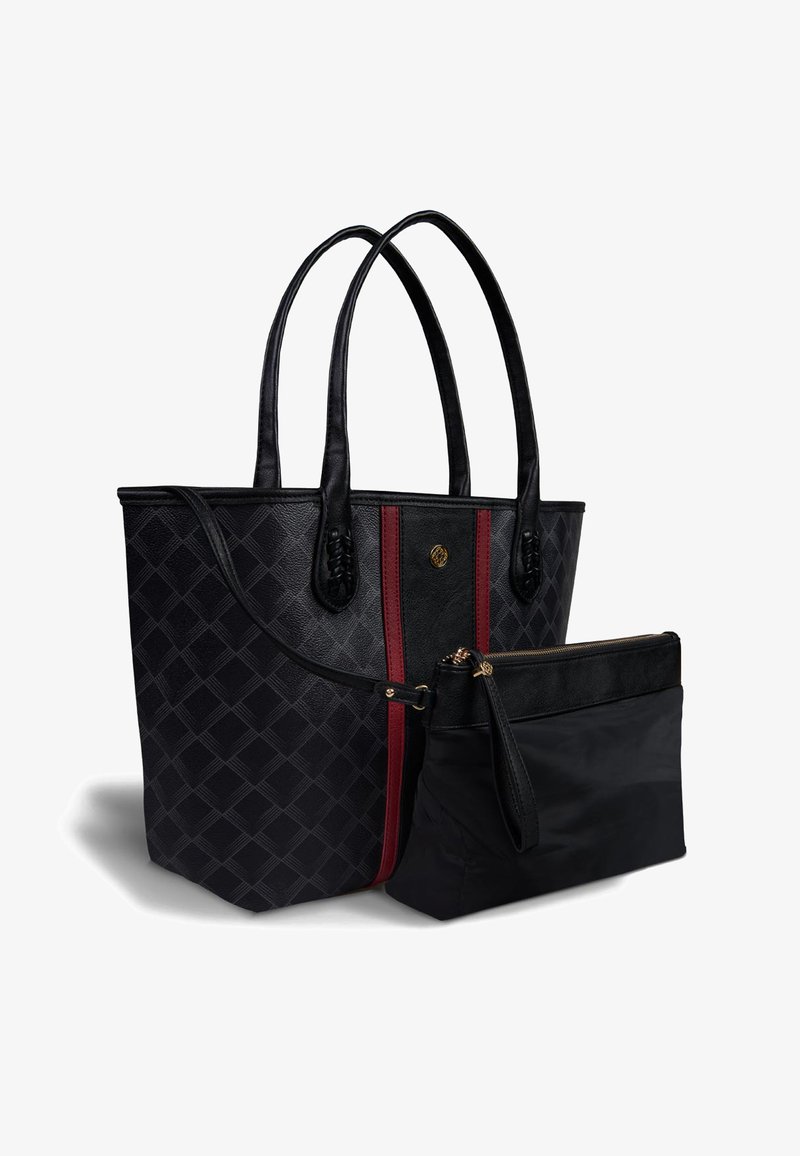 Sac fourre-tout noir avec des poignées en cuir tressé, présentant un motif en losange et une bande verticale rouge. Comprend une petite pochette noire avec une fermeture éclair.