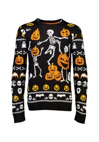 Czarny sweter z pomarańczowym i białym wzorem halloweenowym przedstawiającym szkielety, dynie, nietoperze i czaszki. Żebrowane mankiety i dekolt.
