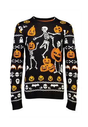 Black sweater featuring orange and white Halloween pattern with skeletons, pumpkins, bats, and skulls. Ribbed cuffs and neckline.