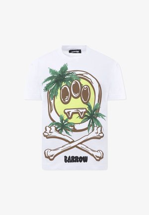 T-shirt in cotone bianco con un volto sorridente giallo stampato e artigli marroni, circondato da palme e ossa incrociate, con la scritta "BARROW."