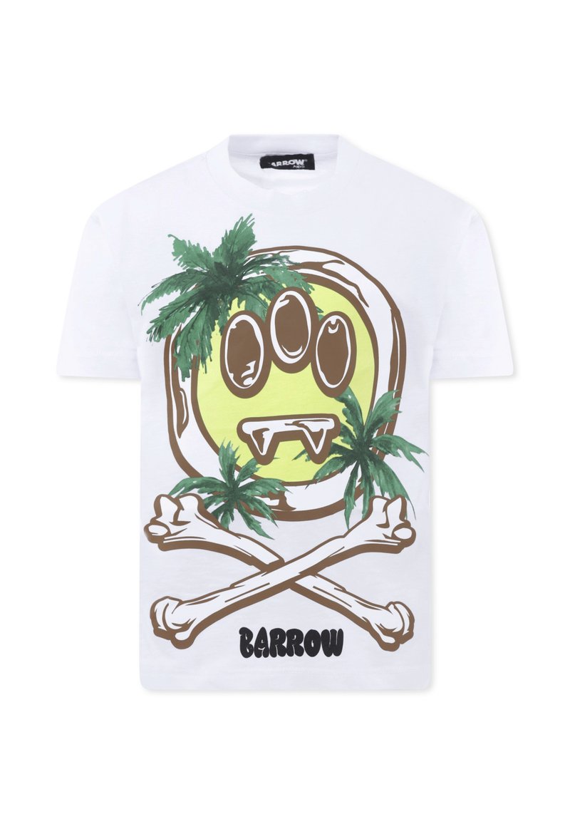 Witte katoenen t-shirt met een bedrukt gele glimlachende gezicht met bruine klauwen, omringd door palmbomen en gekruiste botten, met het label "BARROW."