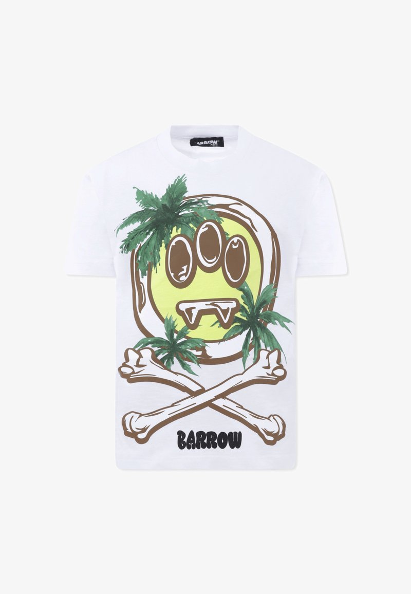 Witte katoenen t-shirt met een bedrukt gele glimlachende gezicht met bruine klauwen, omringd door palmbomen en gekruiste botten, met het label "BARROW."