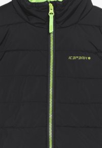 Giacca imbottita nera con cerniera verde e rivestimento del colletto, con logo "ICEPEAK" sul petto sinistro.