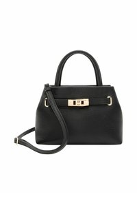 Czarna skórzana torebka o fakturowanej powierzchni, z dwoma uchwytami, odpinanym paskiem na ramię oraz ozdobnym zapięciem w kolorze złotym z przodu.