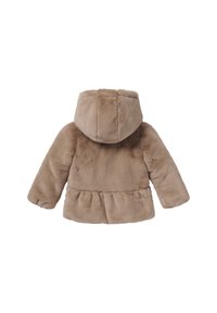 Kunstpelzjacke in hellbeige mit Kapuze, gerafftem Bund und langen Ärmeln. Weiche Textur mit einem glatten, plüschigen Finish.
