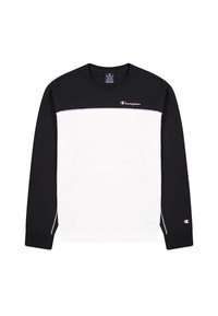 Sudadera de manga larga en blanco y negro con cuello redondo, que presenta un panel horizontal blanco en el pecho y un logo en la parte delantera.