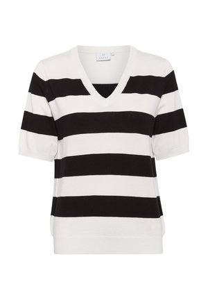 Pull à manches courtes avec un col en V, rayé noir et blanc, à la coupe décontractée et en tissu texturé. Ourlet et poignets côtelés.