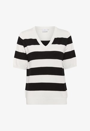 Pull à manches courtes avec un col en V, rayé noir et blanc, à la coupe décontractée et en tissu texturé. Ourlet et poignets côtelés.