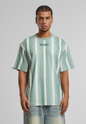 Mint green t-shirt with white vertical stripes, short sleeves, and a crew neck. Features "KANI" logo printed on the chest in dark blue.