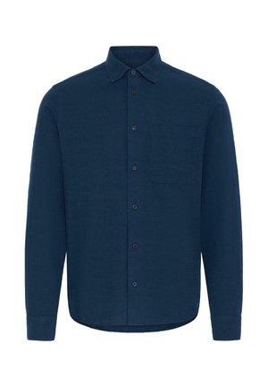 Sötétkék hosszú ujjú, gombos ing gallérral és mellzsebbel, elöl fekete gombokkal és mandzsettás ujjak.