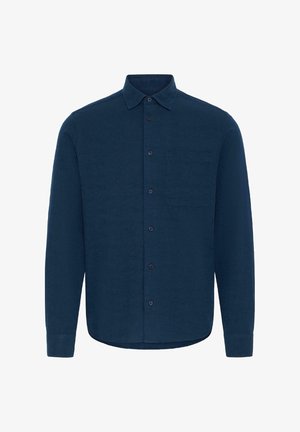 Sötétkék hosszú ujjú, gombos ing gallérral és mellzsebbel, elöl fekete gombokkal és mandzsettás ujjak.