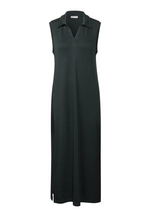 Abito senza maniche di colore verde scuro con collo a camicia, scollatura a V e spacchi laterali per facilitare i movimenti. Realizzato in un tessuto morbido e textured.