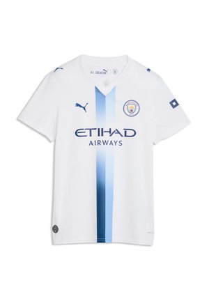 Witte Manchester City voetbalshirt met blauwe verticale verloopstreep, Puma-logo's en Etihad Airways sponsorlogo op de voorkant.