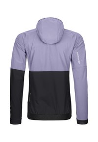 Purple and black hooded jacket with long sleeves, featuring a textured lower hem and logo details. Smooth fabric, modern design.