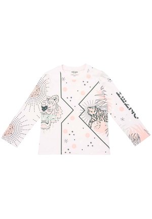 Lyserød langærmet skjorte med sorte og pink tigerillustrationer, stjerne- og prikmønstre samt ordet KENZO på højre ærme.