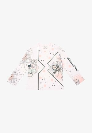 Hellrosa Langarmshirt mit schwarzen und pinkfarbenen Tigerillustrationen, Stern- und Punktemustern und dem Wort KENZO am rechten Ärmel.