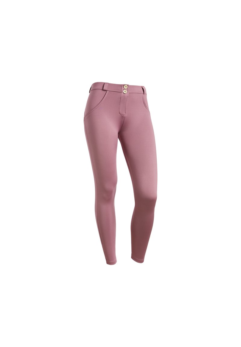 Leggings rosa elasticizzati con una texture liscia, dotati di tasche frontali e due bottoni in vita per la chiusura.