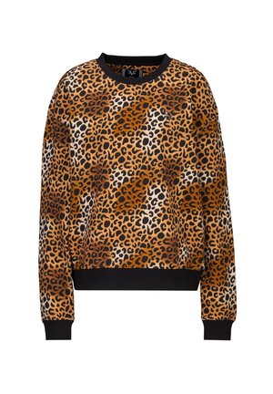 Sweater met luipaardprint, gemaakt van zacht materiaal. Kenmerken zijn een ronde hals, lange mouwen en geribbelde boorden in het zwart. Dominante kleuren zijn oranje en bruin.