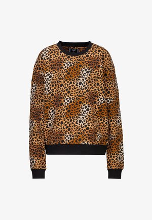 Schwarz-Orange Leopardenmuster Sweatshirt aus weichem Stoff. Mit Rundhalsausschnitt, langen Ärmeln und schwarzen Rippbündchen. Dominierende Farben sind Orange und Braun.