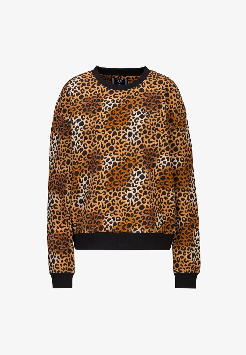 Sweater met luipaardprint, gemaakt van zacht materiaal. Kenmerken zijn een ronde hals, lange mouwen en geribbelde boorden in het zwart. Dominante kleuren zijn oranje en bruin.
