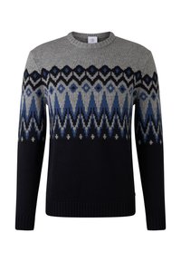 Herren Strickpullover mit Rundhalsausschnitt, der ein blaues, schwarzes und graues geometrisches Zickzackmuster über die Brust und Ärmel zeigt.