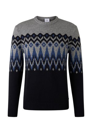 Men’s knit sweater with round neck, featuring a blue, black, and gray geometric zigzag pattern across chest and sleeves.