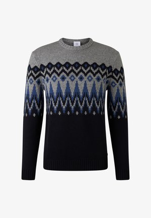 Men’s knit sweater with round neck, featuring a blue, black, and gray geometric zigzag pattern across chest and sleeves.