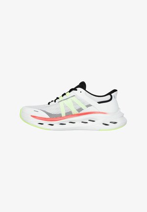 White athletic shoe with a mesh upper, black accents, lime green details, and a thick white sole featuring red accents and air vents.