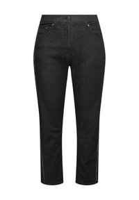 Jeans in denim nero con vestibilità slim, vita media, cinque tasche e cuciture laterali bianche per un tocco di stile. Tessuto liscio e design a gamba dritta.