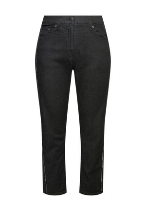 Jeans en denim noir avec une coupe slim, taille mi-haute, cinq poches et coutures latérales blanches pour l'accent. Texture lisse et design à jambe droite.