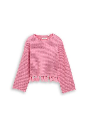 Pink knitted long-sleeve cropped sweater with a round neckline and fringed hem, displayed on a white background.