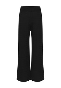 Pantalons noirs à jambes larges avec un motif texturé, une taille élastique et une coupe décontractée, fabriqués en tissu léger.