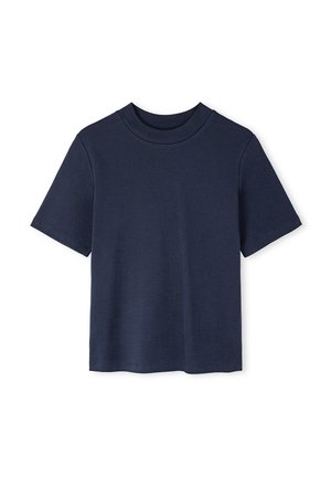 Donkerblauwe t-shirt met korte mouwen, gemaakt van katoen. Heeft een ronde hals en een rechte onderkant. Glad textuur zonder zichtbare patronen of accenten.