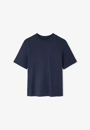 T-shirt à manches courtes navy, en tissu de coton. Présente un col rond et un ourlet droit. Texture lisse sans motifs ou accents visibles.